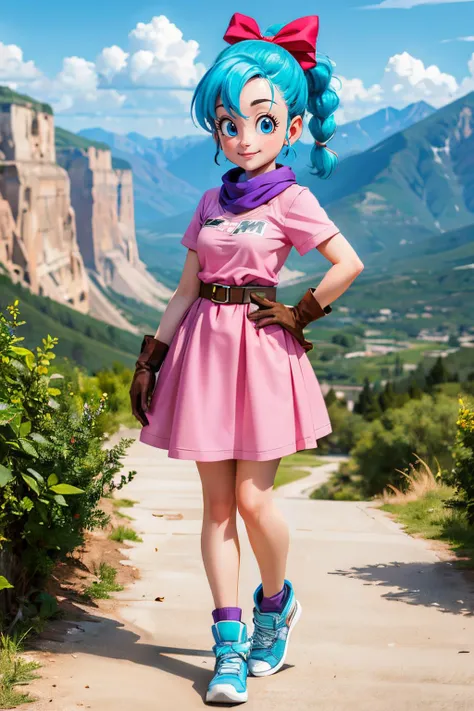 bulma, blue eyes, blue hair, braid, red hair bow, pink dress, purple scarf, clothes writing, belt, gloves, blue shoes, looking at viewer, smiling, standing, full body shot, outside, canyon, mountains, blue sky, high quality, masterpiece, <lora:DB_Bulma_v1:.8>
