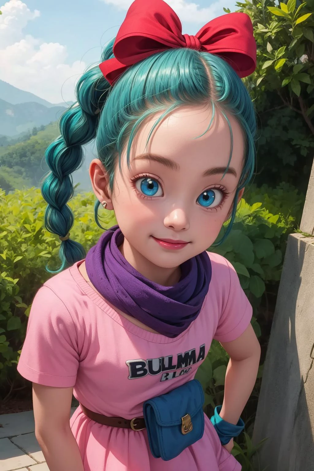 bulma, 1girl, solo, blue eyes, blue hair, aqua hair, single braid, braided ponytail, hair ribbon, red ribbon, hair bow, earrings,
short dress, pink dress, vertical-striped dress, short sleeves, belt, clothes writing, brown gloves, single glove, purple scarf,
smile,closed mouth,cowboy shot,
forest,outdoor,
(insanely detailed, beautiful detailed face, masterpiece, best quality) cinematic lighting,<lora:DB_Bulma_v1:1>, <lora:more_details:0.3>,