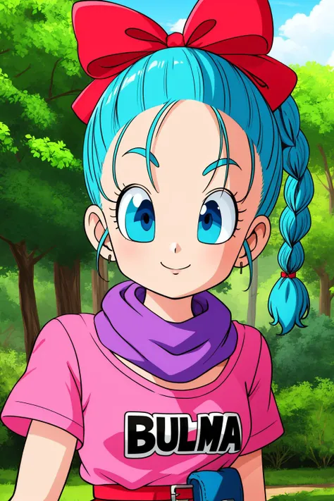 bulma, 1girl, solo, blue eyes, blue hair, aqua hair, single braid, braided ponytail, hair ribbon, red ribbon, hair bow, earrings,
short dress, pink dress, vertical-striped dress, short sleeves, belt, clothes writing, purple scarf,
smile,closed mouth,upper body,
forest,outdoor,
(insanely detailed, beautiful detailed face, masterpiece, best quality) cinematic lighting,<lora:DB_Bulma_v1:1>, <lora:more_details:0.3>,