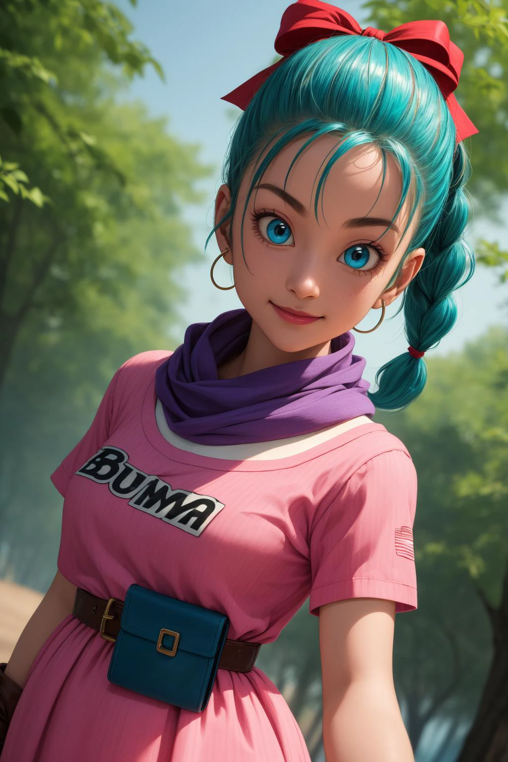 bulma, 1girl, solo, blue eyes, blue hair, aqua hair, single braid, braided ponytail, hair ribbon, red ribbon, hair bow, earrings,
short dress, pink dress, vertical-striped dress, short sleeves, belt, clothes writing, brown gloves, single glove, purple scarf,
smile,closed mouth,cowboy shot,
forest,outdoor,
(insanely detailed, beautiful detailed face, masterpiece, best quality) cinematic lighting,<lora:DB_Bulma_v1:1>, <lora:more_details:0.3>,