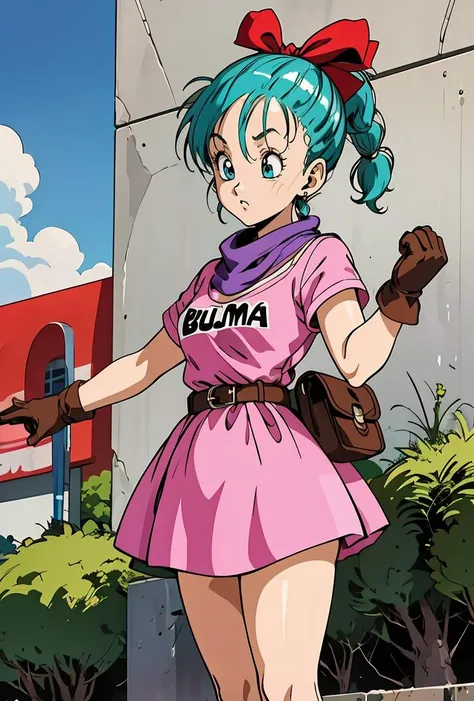 (masterpiece, best quality), 1girl, <lora:DB_Bulma_v1:0.8> bulma, 1girl, solo, blue eyes, blue hair, aqua hair, single braid, braided ponytail, hair ribbon, red ribbon, hair bow, earrings,, short dress, pink dress, vertical-striped dress, short sleeves, belt, clothes writing, brown gloves, single glove, purple scarf,