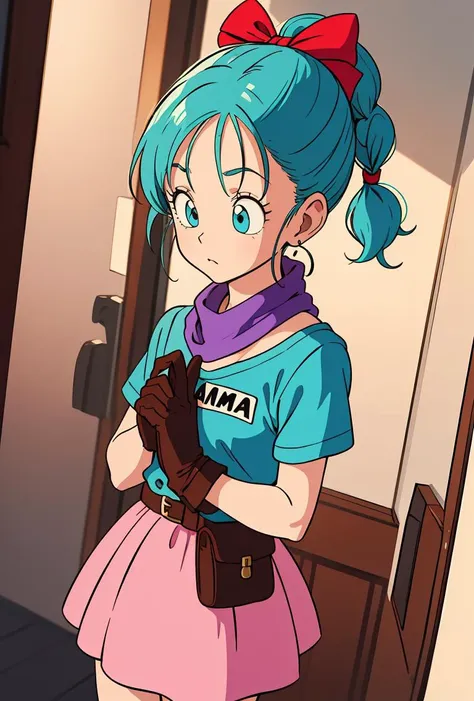 (masterpiece, best quality), 1girl, <lora:DB_Bulma_v1:0.8> bulma, 1girl, solo, blue eyes, blue hair, aqua hair, single braid, braided ponytail, hair ribbon, red ribbon, hair bow, earrings,, short dress, pink dress, vertical-striped dress, short sleeves, belt, clothes writing, brown gloves, single glove, purple scarf,