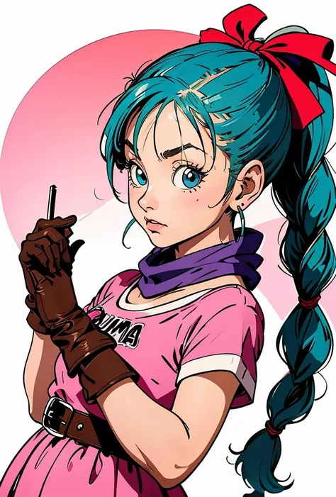 (masterpiece, best quality), 1girl, <lora:DB_Bulma_v1:0.8> bulma, 1girl, solo, blue eyes, blue hair, aqua hair, single braid, braided ponytail, hair ribbon, red ribbon, hair bow, earrings,, short dress, pink dress, vertical-striped dress, short sleeves, belt, clothes writing, brown gloves, single glove, purple scarf,