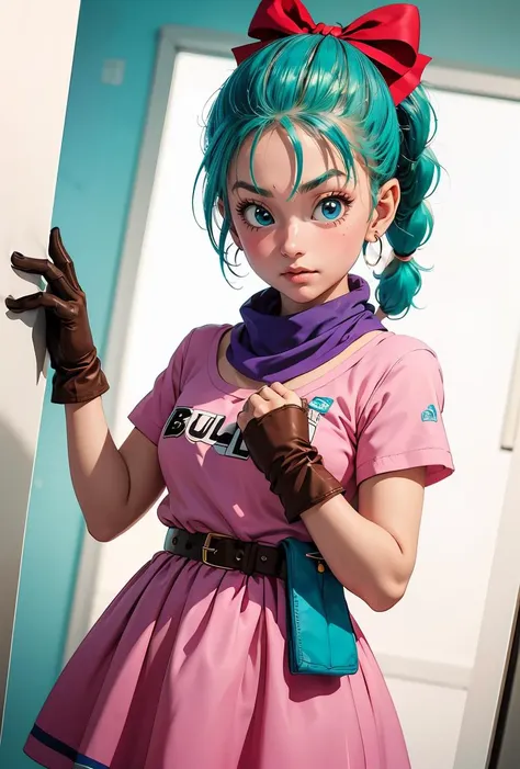 (masterpiece, best quality), 1girl, <lora:DB_Bulma_v1:0.8> bulma, 1girl, solo, blue eyes, blue hair, aqua hair, single braid, braided ponytail, hair ribbon, red ribbon, hair bow, earrings,, short dress, pink dress, vertical-striped dress, short sleeves, belt, clothes writing, brown gloves, single glove, purple scarf,