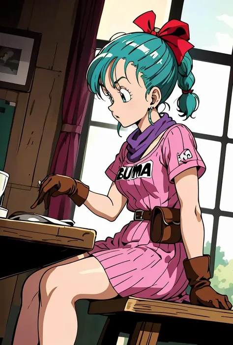 (masterpiece, best quality), 1girl, <lora:DB_Bulma_v1:0.8> bulma, 1girl, solo, blue eyes, blue hair, aqua hair, single braid, braided ponytail, hair ribbon, red ribbon, hair bow, earrings,, short dress, pink dress, vertical-striped dress, short sleeves, belt, clothes writing, brown gloves, single glove, purple scarf,