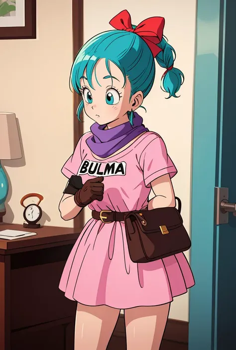 (masterpiece, best quality), 1girl, <lora:DB_Bulma_v1:0.8> bulma, 1girl, solo, blue eyes, blue hair, aqua hair, single braid, braided ponytail, hair ribbon, red ribbon, hair bow, earrings,, short dress, pink dress, vertical-striped dress, short sleeves, belt, clothes writing, brown gloves, single glove, purple scarf,