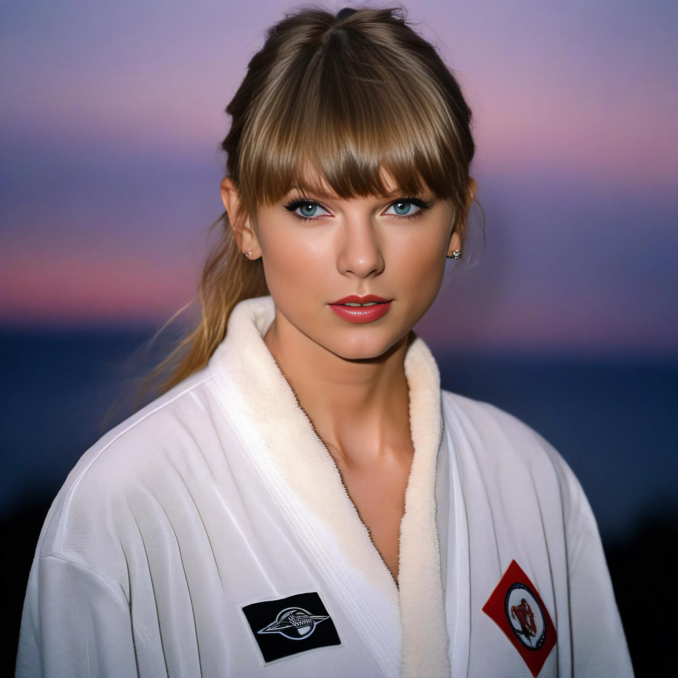 TaylorSwift, photograph, Psychotic [Basque:Zulu:9] Woman, Playing sports, hyper detailed, wearing warm robe, Inuit hair, at Twilight, decal art, Direct light, film grain, Canon EF, Depth of field 100mm, Film grain, crisp lines,  <lora:TaylorSwiftSDXL:1>