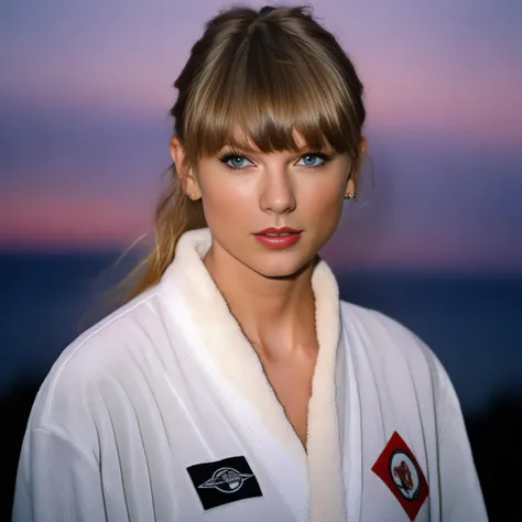 TaylorSwift, photograph, Psychotic [Basque:Zulu:9] Woman, Playing sports, hyper detailed, wearing warm robe, Inuit hair, at Twilight, decal art, Direct light, film grain, Canon EF, Depth of field 100mm, Film grain, crisp lines,  <lora:TaylorSwiftSDXL:1>