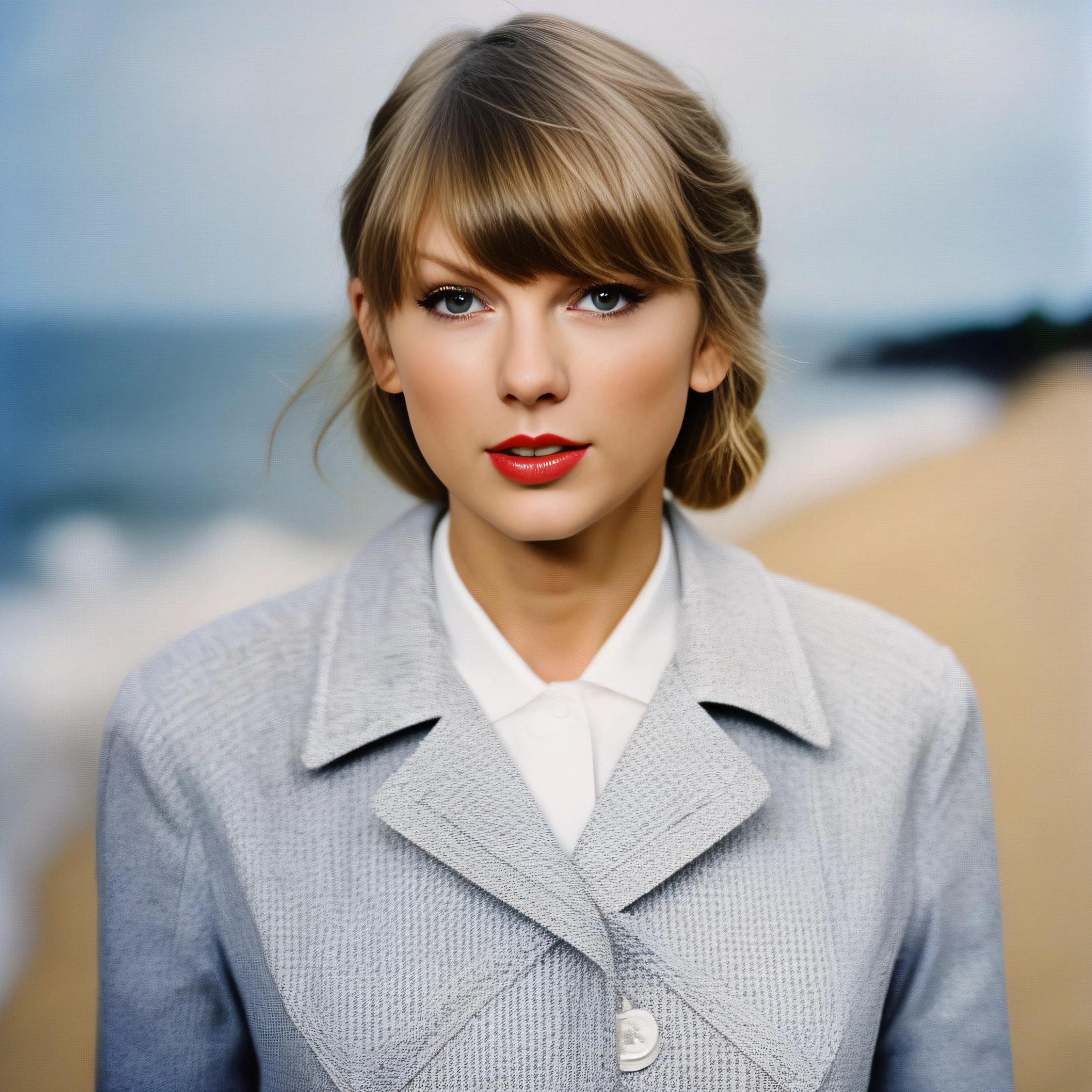 TaylorSwift, art by Harold Edgerton,art by Louis Faurer, photograph, Daring beach, Greedy Elegant (Female:1.1) , Veterinarian, wearing Happy Nautical Tweed Raincoat, simple background, Visual novel, Suprematism, film grain, compact camera, L USM, octane engine, <lora:TaylorSwiftSDXL:1>