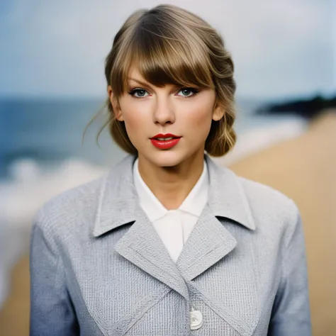 TaylorSwift, art by Harold Edgerton,art by Louis Faurer, photograph, Daring beach, Greedy Elegant (Female:1.1) , Veterinarian, wearing Happy Nautical Tweed Raincoat, simple background, Visual novel, Suprematism, film grain, compact camera, L USM, octane engine,  <lora:TaylorSwiftSDXL:1>