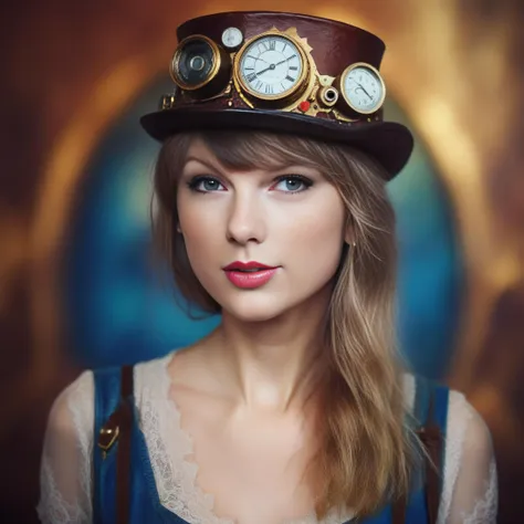 TaylorSwift, (art by Natalia Rak:1.0) , photograph, Steampunk Art, Woman, soft focus, Cel shaded, film grain, Nikon d850, macro lens, Saturated,  <lora:TaylorSwiftSDXL:1>