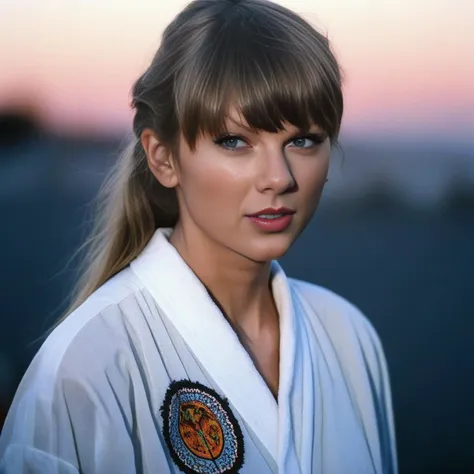 TaylorSwift, photograph, Psychotic [Basque:Zulu:9] Woman, Playing sports, hyper detailed, wearing warm robe, Inuit hair, at Twilight, decal art, Direct light, film grain, Canon EF, Depth of field 100mm, Film grain, crisp lines,  <lora:TaylorSwiftSDXL:1>