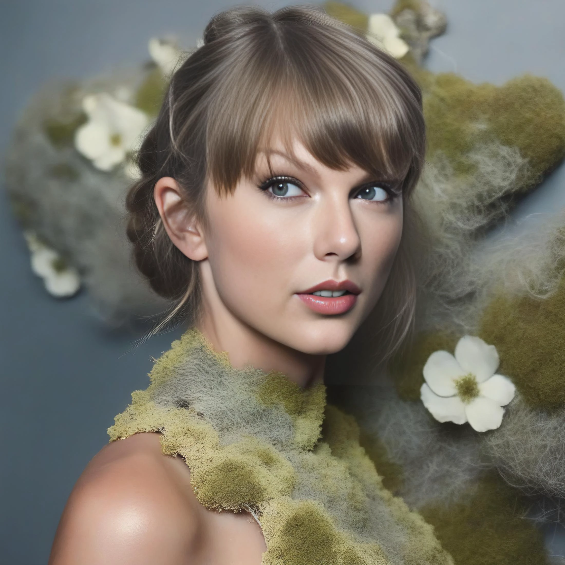 TaylorSwift, photograph, overhead angle of a voluptuous Berber Female, Robotic hair, Low bun hairstyle, blossoms with Lichen, Smoky Conditions, studio lighting, film grain, Sony A9 II, F/2.8, moody, <lora:TaylorSwiftSDXL:1>