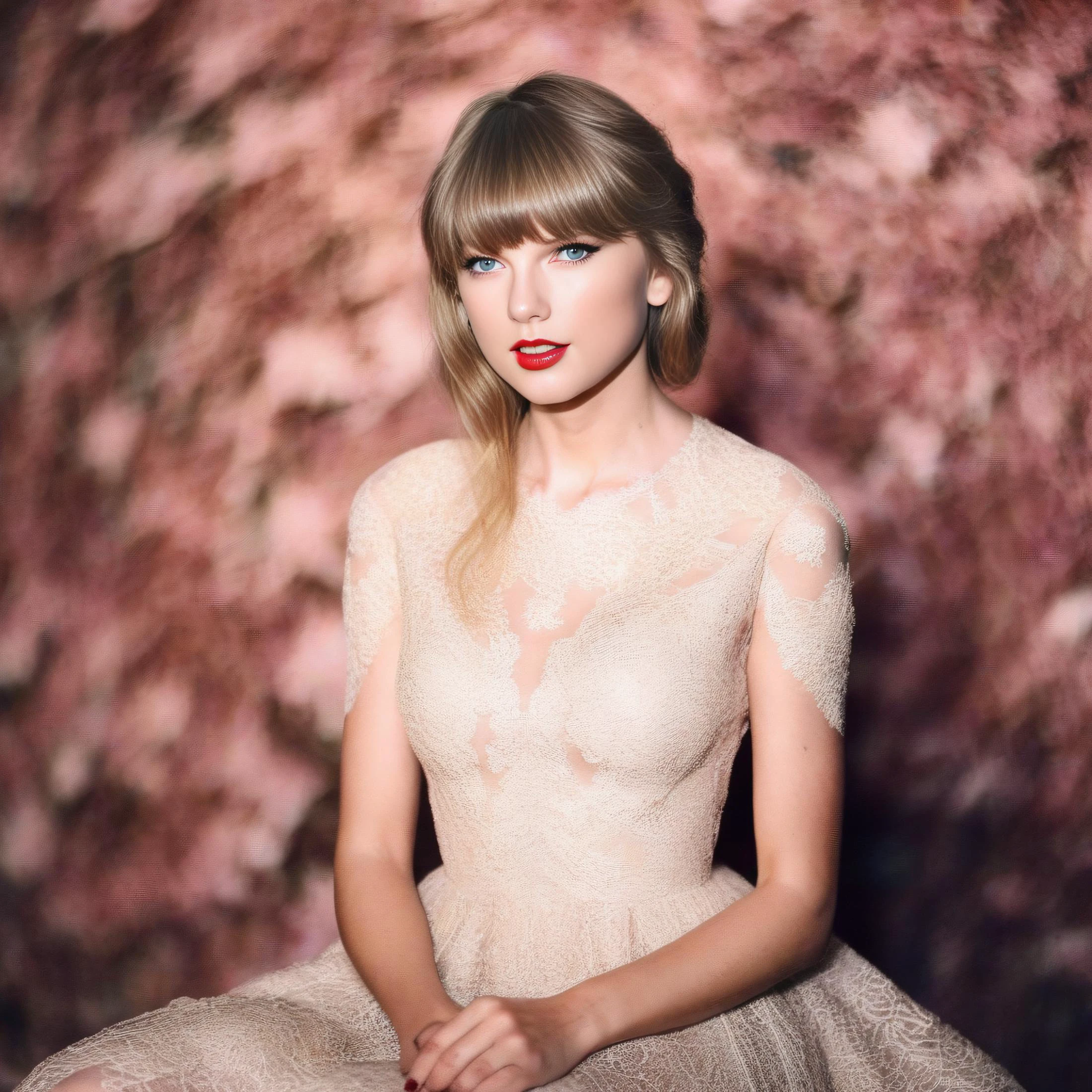 TaylorSwift, photograph, intricate details, Amiga 500 Style Woman, Windcaller, wearing God dress, Sitting with crossed legs, Ginger Matte hair, Spring, Romantic, volumetric lighting, film grain, Nikon d3300, F/2.8, (art by Tyler Shields:0.8) , <lora:TaylorSwiftSDXL:1>