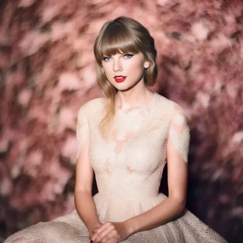 TaylorSwift, photograph, intricate details, Amiga 500 Style Woman, Windcaller, wearing God dress, Sitting with crossed legs, Ginger Matte hair, Spring, Romantic, volumetric lighting, film grain, Nikon d3300, F/2.8, (art by Tyler Shields:0.8) , <lora:TaylorSwiftSDXL:1>