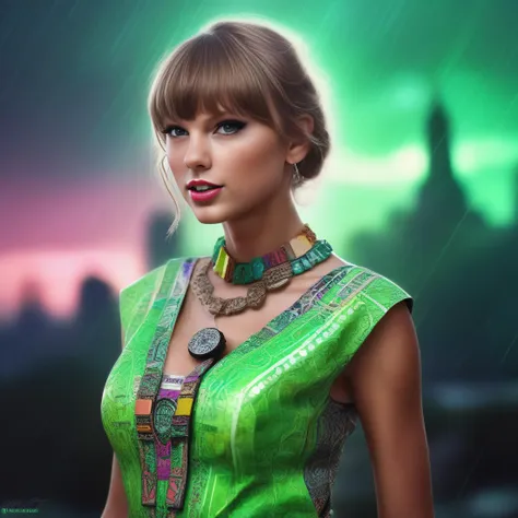 TaylorSwift, art by Kevin McNeal, photograph, Glamorous Jamaican (Woman:1.3) , wearing Sakura Nickel electric green Dashiki, Tedious Auburn hair, Conceptual Glowing electric color Eyes, Belts, Tribal Face Marks, Psychotic Tower in background, Raining, Visual novel, Confused, Art Deco, volumetric lighting, film grain, Canon R5, Selective focus, Technicolor, trending on CGSociety, unreal engine,  <lora:TaylorSwiftSDXL:1>