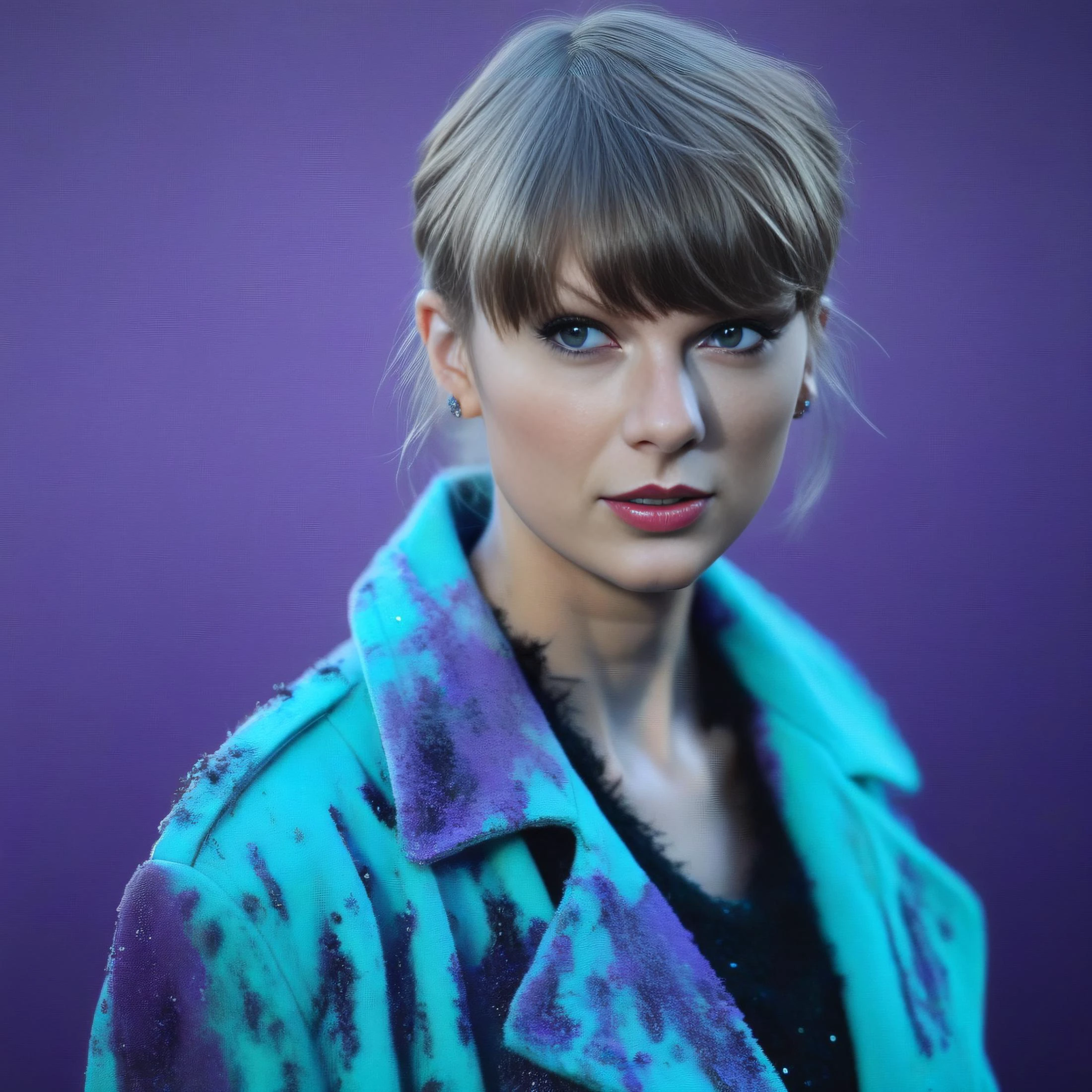 TaylorSwift, photograph, Apocalyptic Sami Female, wearing Varied Overcoat, Short hair, Smirking, Decopunk, spotlight, film grain, Sony A7, Depth of field 100mm, dripping Lavender and Cyan, blended visuals, <lora:TaylorSwiftSDXL:1>