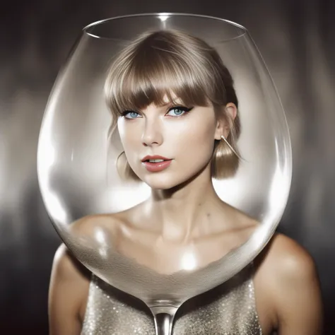 TaylorSwift, art by Peter Coulson,art by Jerry Schatzberg, photograph, Repressive (Female:1.2) inside a Wine glass, Silver Bangs hairstyle, deep yellow Sharingan Eyes, inside of a Megalopolis, winter space, Bathed in shadows, shallow depth of field, Light caustics, film grain, Kodak portra 400, F/14, Sepia filter, surreal design, <lora:TaylorSwiftSDXL:1>
