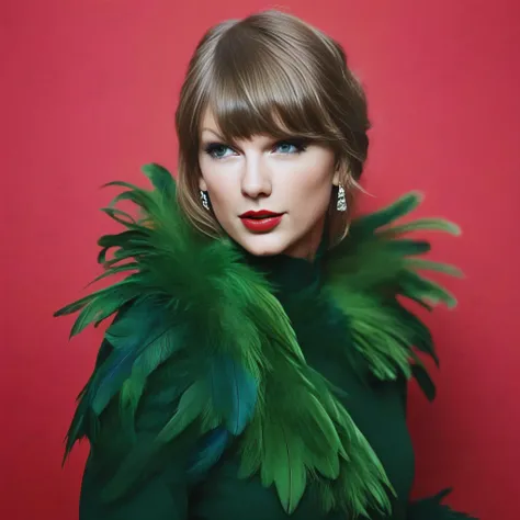TaylorSwift, (art by David Alfaro Siqueiros:1.1) , photograph, award winning, Dumb burly (Female:1.2) , Chef, wearing Sublime [Fur:Feathers:10] deep red Dandong, Dancing, Boorish Phone Case, Pressured Sharingan Eyes, decal art, film grain, Fuji superia 400, 800mm lens, Psychedelic and Green neon hue, "I will always love you.",  <lora:TaylorSwiftSDXL:1>