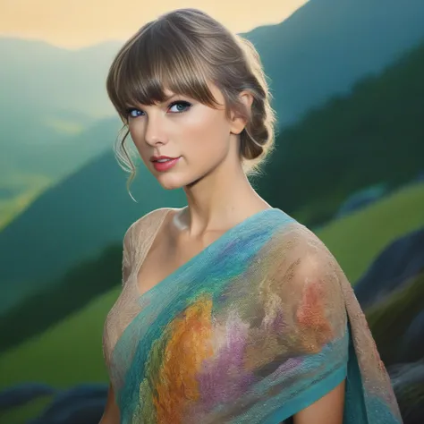 TaylorSwift, photograph, Canadian Girl, Planning events, wearing Nutty Wires Sari, Beehive hairstyle, dense hillside, Gouache Art, soft light, film grain, Canon R5, 50mm, Ektachrome, art by Ray Collins, (art by Miki Asai:0.8) , <lora:TaylorSwiftSDXL:1>
