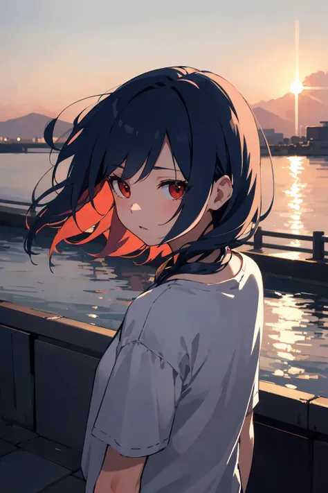 masterpiece,high quality,highres,1girl,solo,<lora:wind-leftside-v1-wasabiya:1>,sidewind,outdoors,from above ,,(red eyes , blue hair ),medium hair ,sunset,