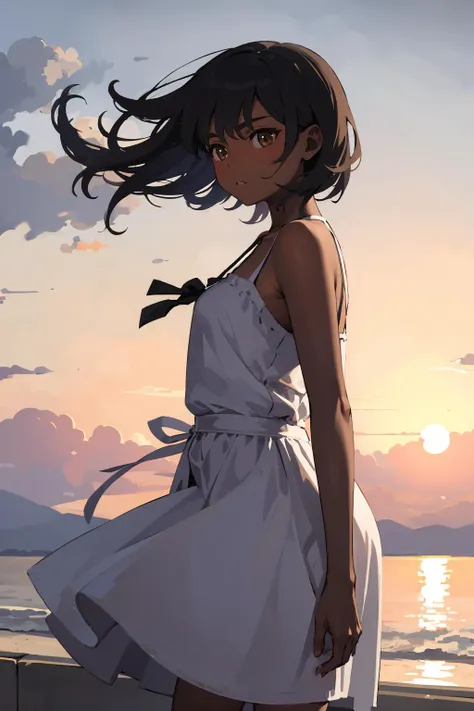 masterpiece,high quality,highres,1girl,solo,<lora:wind-leftside-v1-wasabiya:1>,sidewind,outdoors,,,dark skin, dark-skinned female ,(brown eyes , ),short hair ,sunset,sundress,loose clothes,strong wind,