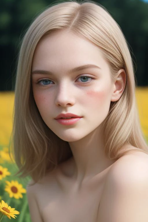 dynamic lighting, photograph of a (beautiful:1.3) (nude:1.3) (Scandinavian:0.9) (Russian:0.9) woman, sunny field, (cute:1.3), blonde hair, (pale skin:1.1), (soft smiling:1.1), detailed face, detailed gray eyes, detailed skin texture, mini red dress, on park, sun ray, by ilya kuvshinov, alessio albi, nina masic, sharp focus, natural lighting, subsurface scattering, f2, 35mm, film grain, (freckles:0.2), (skin imperfections:1.2), open pores, ornate
