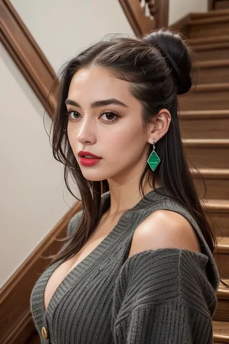 aesthetic, Charcoal Drawing, Cardigan, chinos, Maven, Tall, Lean, Triangular Face, Olive Skin, Brunette Hair, coral Eyes, Wide Nose, Pouty Lips, Receding Chin, Shoulder-Length Hair, Coarse Hair, Messy Top Knot, saggy breasts, Clip-on earrings, green sheer lipstick, Exuding elegance and sophistication on a staircase