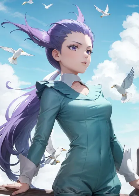 masterpiece, best quality, winona, long ponytail, blue bodysuit, upper body, standing, clouds, sky, from side, looking into the distance, birds, cowboy shot <lora:winona-nvwls-v2-000014:0.9>