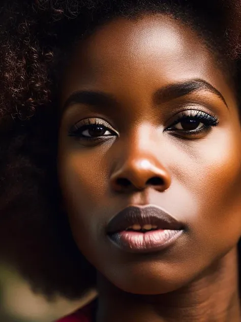 modelshoot style, Portrait of a very beautiful afro woman, Shot on Sony A1 with Sony 50mm f/1.2 GM lens, natural light, low key, natural colors, film style, Kodak film, film look, high resolution, photo, photographic, hyper realistic, photorealistic, highly detailed