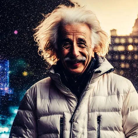 photo of the albert einstein in white puffer jacket, (laughing:0.7), posing, look at a camera, complex city background, backlit, (cinematic:1.5), epic realistic, hyperdetailed, insane details, intricate details, accent lighting, soft volumetric light, bokeh, (dramatic light:1.2), (neutral colors:1.3), cross process, full body shot, fullbodyshot