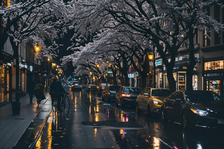 a photo of a city street in rain at night, skyscrapers, puddles, cyclist, passing cars, asphalt road, sakura blossom trees, falling leaves, high quality, high resolution, very coherent, clear focus, well defined,
