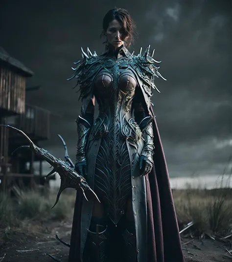 analog style, ((intricate details)), full body shot, cold lighting, beautiful, A (upper body:1.3) (woman:1.3) (Warlock:1.3) in Heather Gray and Aqua Green intricate (The Armor of the Reaper:1.3) in a (dark and moody universe:1.3), light particle, very detailed skin, legionnaire, very detailed eyes, RAW, analog, Nikon Z 85mm, high detail, sharp focus, smooth, aesthetic, extremely detailed, photo, photography, 8k uhd, photography,, English Cottage in Barren lands Dystopian atmosphere Static lighting
