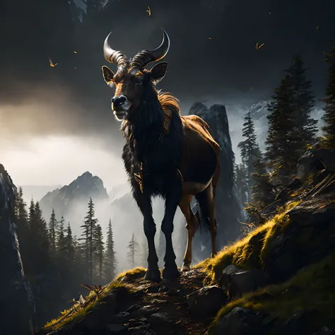 Environmental portrait shot of Qilin in Hiking trail, photorealistic, cinematic lighting, volumetric lighting, dark atmosphere,