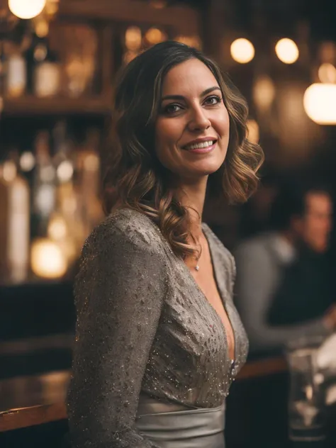 candid photo of Amanda, she's in her twenties, mid-length hair, detailed slim face, detailed skin, wearing a grey designer dress, standing at the bar, (background cozy pub:0.8), bokeh, backlit, CinemaHelper