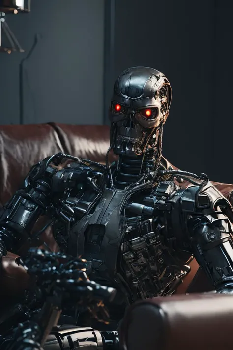 a professional portrait photo of terminator, (lying on a couch:1.2), in living room, watching TV, 8k uhd, high quality, film grain, Fujifilm XT3