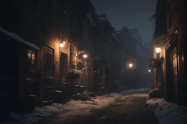 18th centruy, a backalley, warm glow, blowing snow, night, dark moody atmosphere, particles, 8k uhd, dslr, soft lighting, high quality, volumetric lighting