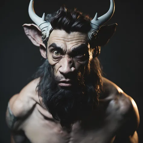 Bust shot of Satyr in Hot air balloon, photorealistic, cinematic lighting, volumetric lighting, dark atmosphere