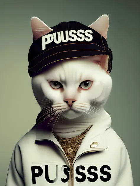 <lora:meowhoodLora_v10:1>a white cat wearing a jacket and hat with the word puss on it's head