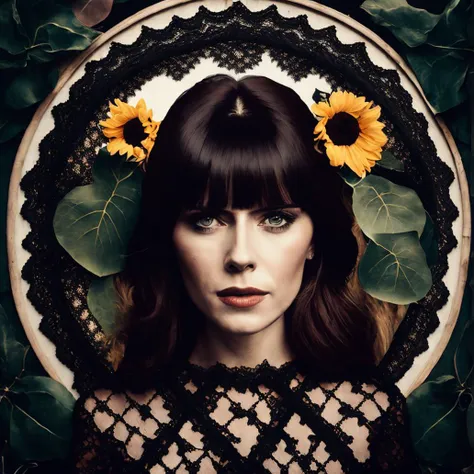 (em_passage) (em_widow:1.8), Artistic RAW photo of a pilgrim, (zooey deschanel with auburn hair:1.3), photo realistic, ultra detailed, (green hue, tropical setting), diffuse fog lighting, Hyperrealism, breathtaking, realistic, cinematic lighting, highly detailed, breathtaking, [textured oil painting|photography], stunning environment, wide-angle, (Stntang:1.3), (close portrait:1.1),(Feminine:1.1),(beautiful:1.4),(attractive:1.3),handsome,calendar pose,perfectly detailed eyes,studio lighting,thematic background, (sunflower portal)