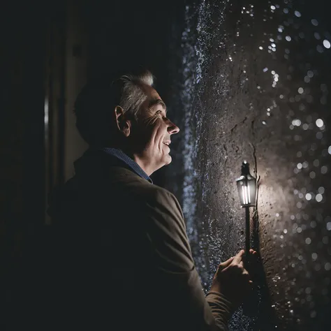 Middle-aged person in boundary wall Heartwarming atmosphere Light sparkles