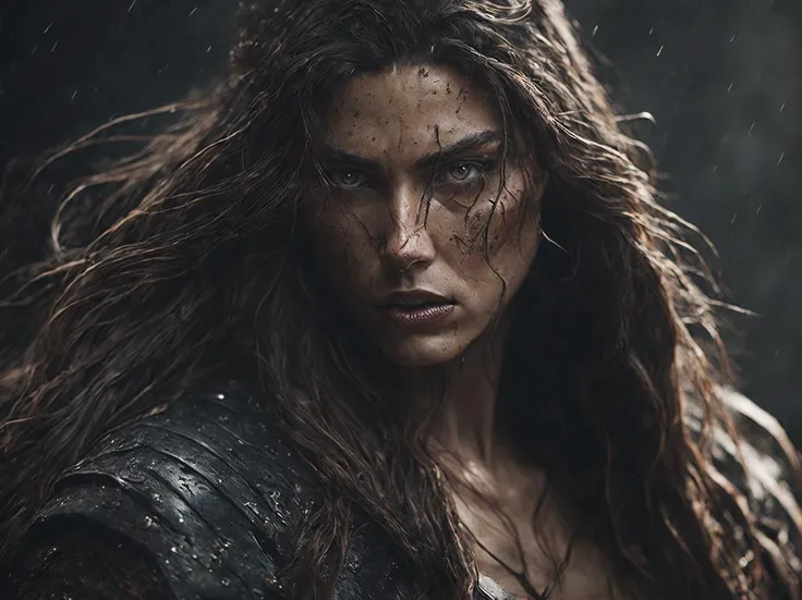 photo of the most beautiful artwork in the world featuring soft
lustrous, ((epic heroic fantasy beautiful woman with long hair wet
wounded angry looking with long hair
and fierce looking in a dynamic posture)), chest, full face,( dark background:1.4)
(epic realistic, hdr, intricate details, hyperdetailed, cinematic, rim light, muted:1.5),
((fantastic location, majestic cluttered environment)),
skin pores, very dark lighting,
heavy shadows, detailed, detailed face, (photo
realistic, dramatic, dark, sharp focus, 8k),
(weathered damaged old worn leather outfit:1.5),
(intricate:1.4), decadent, (highly detailed:1.4), octane render,
sharp focus,
heavy rain, particles floating