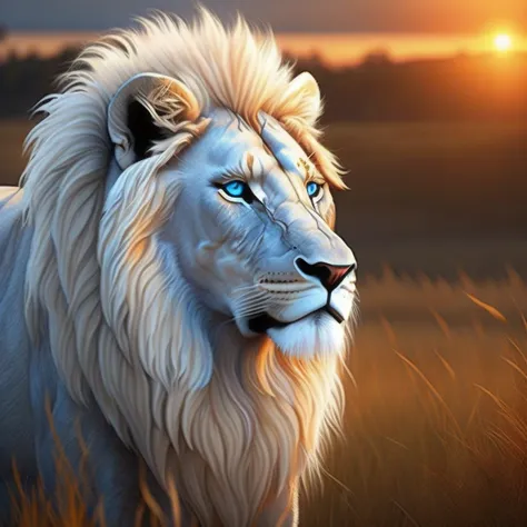 Highly defined realistic superb albino white lion, blue eyes, albino, white hair, in the plains, grass, vegetation, sun sets in fiery blaze, HD