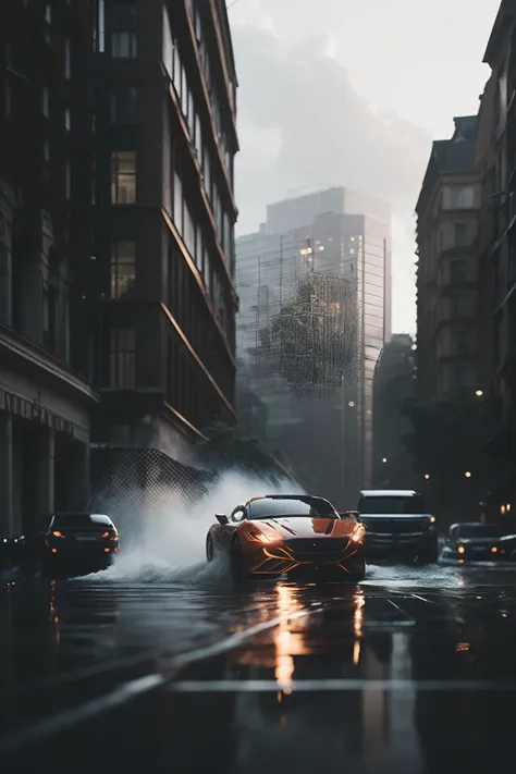 best quality, intricate details, 

 photorealistic, volumetric lighting, god rays, haze,

car driving down city streets, buildings on each side,water flowing, rain,

 CarHelper HyperFluid