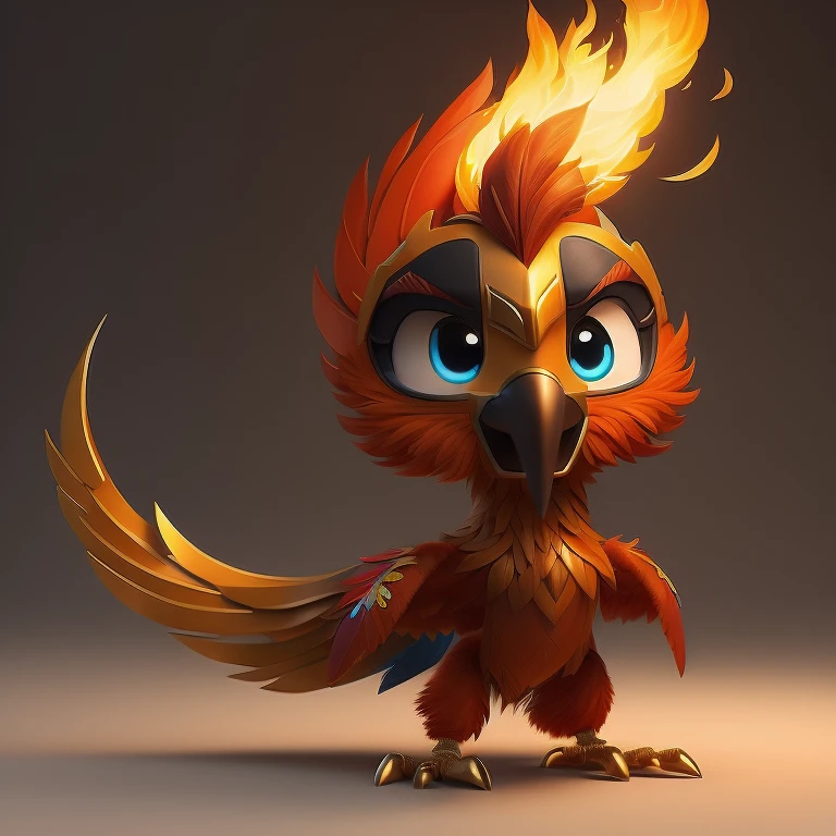 cute loud, A brave and adventurous Disney Pixar phoenix with fiery feathers, sharp claws, warm lighting, and a determined moodWhite BackgroundDisney, 8k, CMYK--no borders