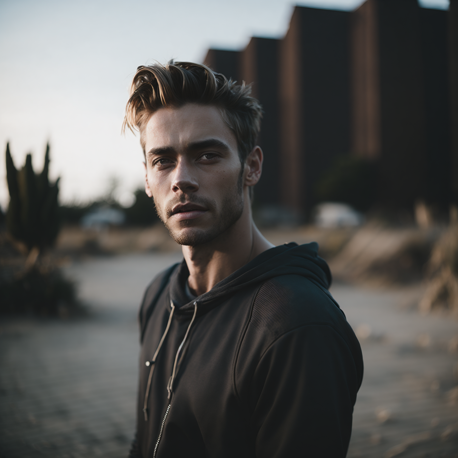 A man in a black hoodie standing in front of a building - SeaArt AI