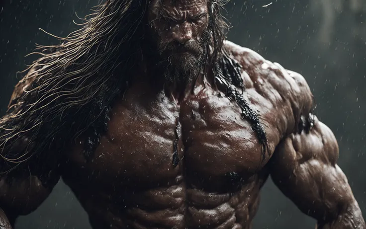 (Cinematic Photo:1.3) of (Ultra detailed:1.3) photo of the most beautiful artwork in the world featuring soft lustrous, ((epic heroic fantasy muscular rugged wet wounded hero man angry looking with long hair and long beard and fierce looking in a dynamic posture)), chest, full face,(dark background:1.4) (epic realistic, hdr, intricate details, hyperdetailed, cinematic, rim light, muted:1.5), ((fantastic location, majestic cluttered environment)), skin pores, very dark lighting, heavy shadows, detailed, detailed face, (photo realistic, dramatic, dark, sharp focus, 8k), (weathered damaged old worn leather outfit:1.5), (intricate:1.4), decadent, (highly detailed:1.4), octane render, sharp focus, heavy rain, particles floating, (Cinemacolor:1.3)