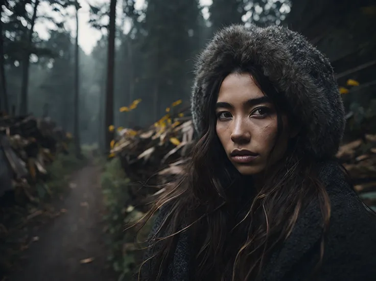 a photo, portrait an village 15 years old women, night, dark fairy beautiful bushy autumn forest, dark background,  16k,  low angle, 24 mm lens, (((sharp focus:1.5))), ((( depth of sharpness:1.5))), (photorealistic:1.5),  ( skin texture:1),  cinematic , hyperdetailed,