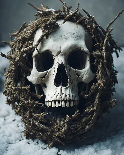 (Cinematic Photo:1.3) of (Realistic:1.3) a cracked white moldy skull with a gold wreath ornament, overgrown by mold in the dirt, snow, fantasy, 1970s dark fantasy movie, haze, halation, bloom, dramatic atmosphere, centred, rule of thirds,Highly Detailed