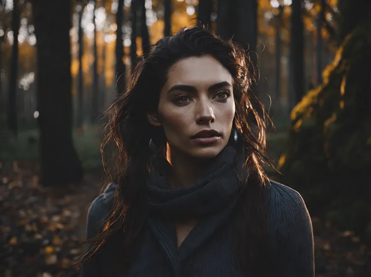 (Cinematic Photo:1.3) of (Realistic:1.3) portrait an village 25 years old european women, night, dark fairy beautiful bushy autumn forest, dark background, 16k, low angle, 24 mm lens, (((sharp focus:1.5))), (((depth of sharpness:1.5))), (photorealistic:1.5), (skin texture:1), cinematic, hyperdetailed,Highly Detailed